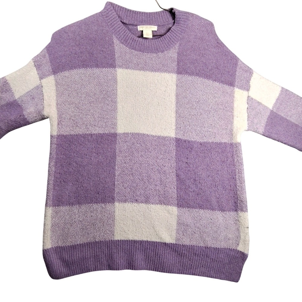 Christian Siriano Sweater Womens L Purple White Knit Plaid Casual Designer Cozy